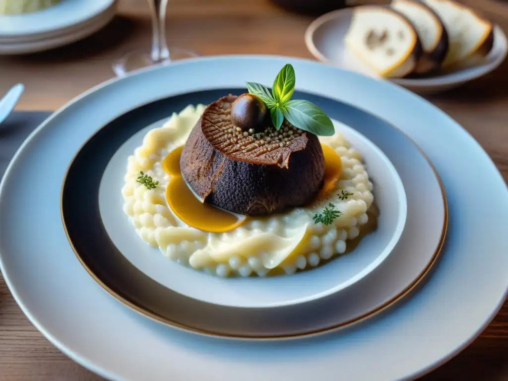 Una mesa de madera rústica elegantemente decorada con platos gourmet de trufa