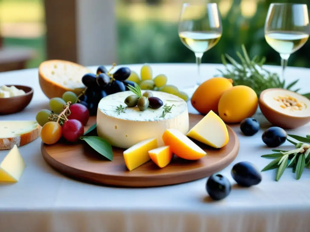 Una mesa mediterránea con quesos frescos y vinos ligeros bajo el cálido sol de verano