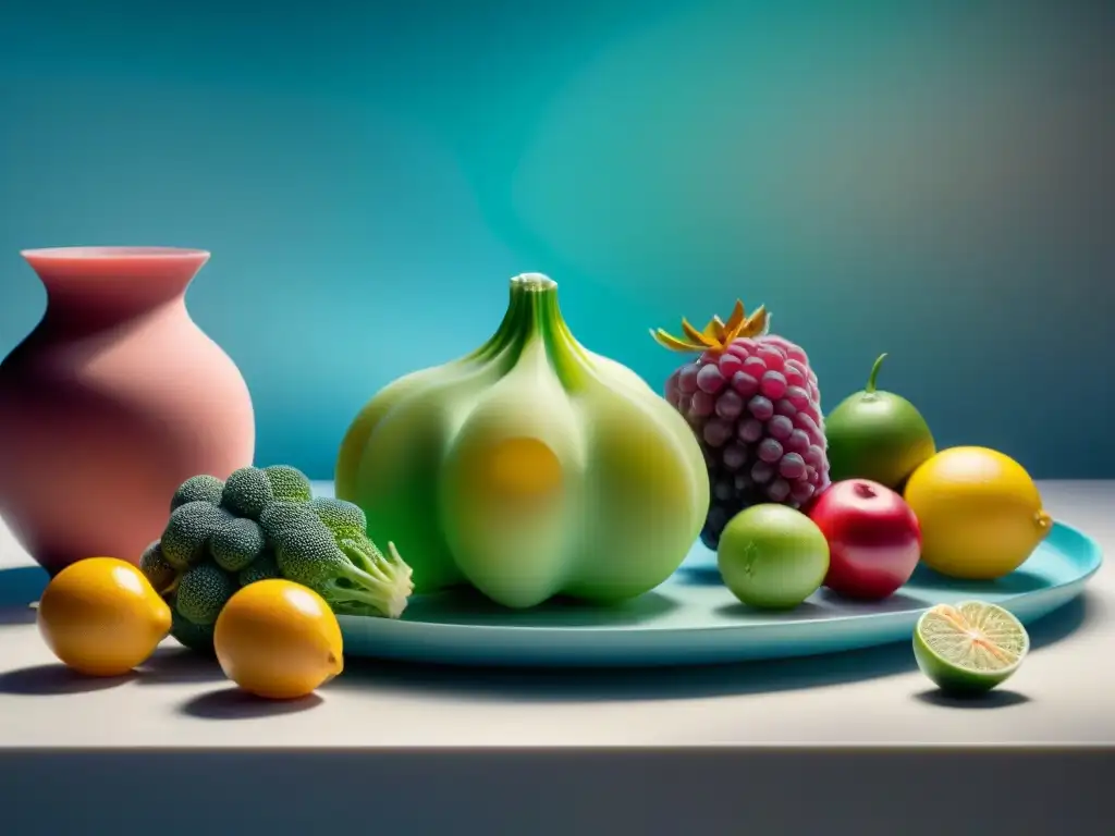 Una mesa moderna con alimentos 3D coloridos y realistas