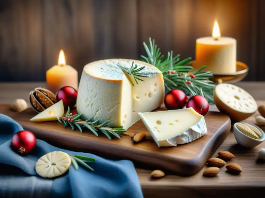 Una mesa de Navidad con quesos europeos exquisitos en una atmósfera festiva y acogedora