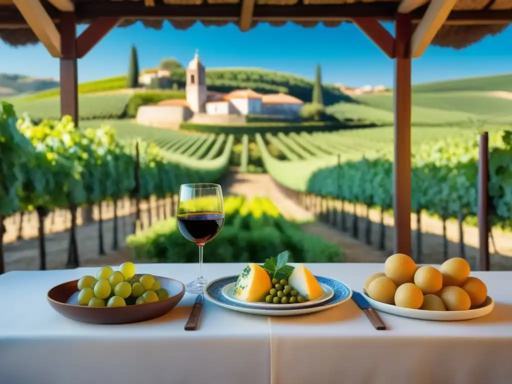 Una mesa portuguesa llena de platos y vinos tradicionales, rodeada de viñedos en Portugal