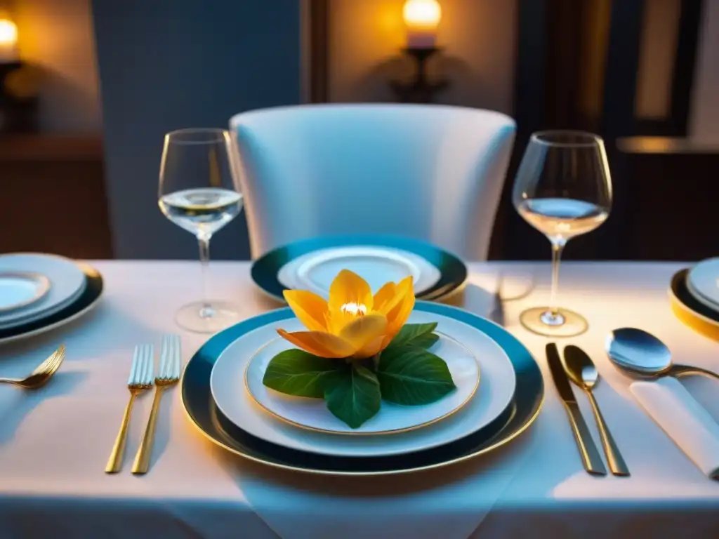 Una mesa elegantemente preparada en una Cena PopUp consejos gourmet, con fina vajilla y hermoso centro floral, iluminada por velas