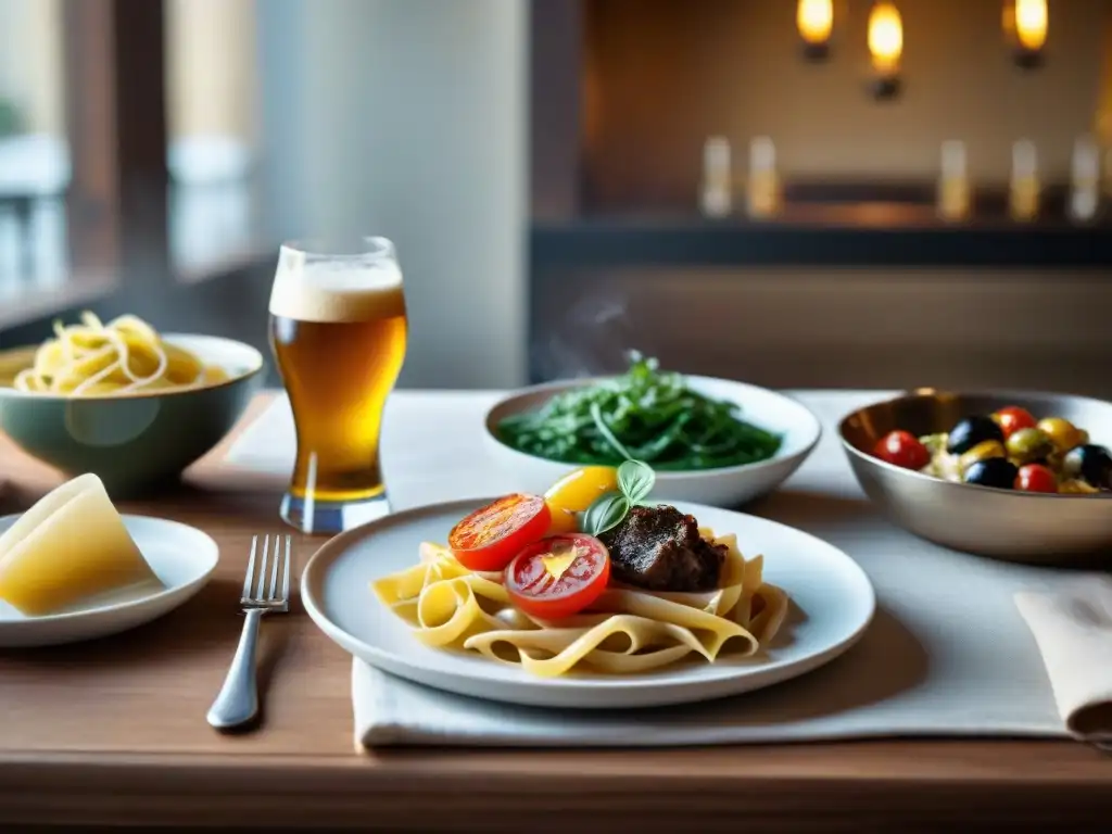 Una mesa exquisitamente preparada con platillos italianos y cervezas artesanales en un maridaje perfecto