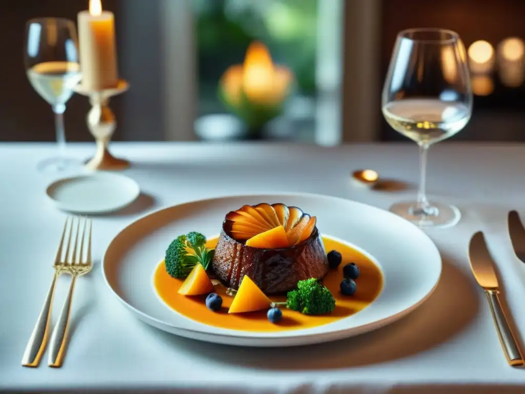 Una mesa elegantemente preparada con un plato gourmet como centro