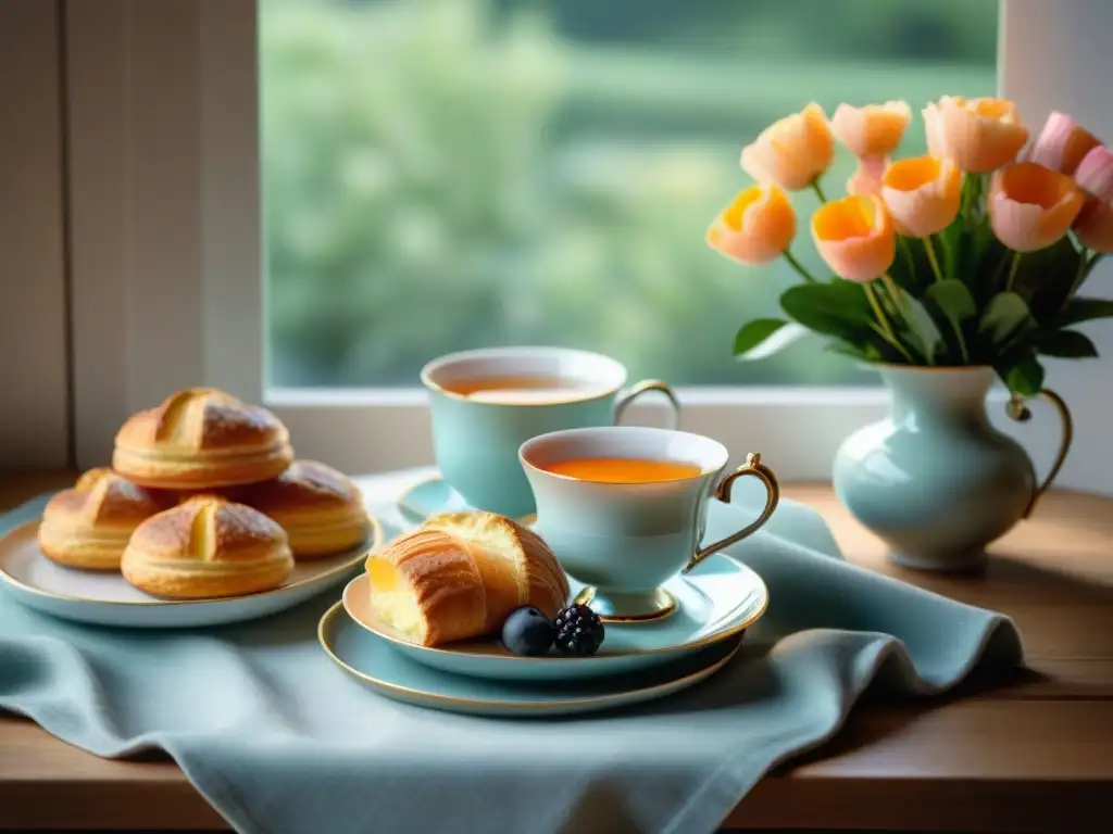 Una mesa elegantemente preparada con una taza de té Earl Grey, pastelería fresca y flores en tonos suaves