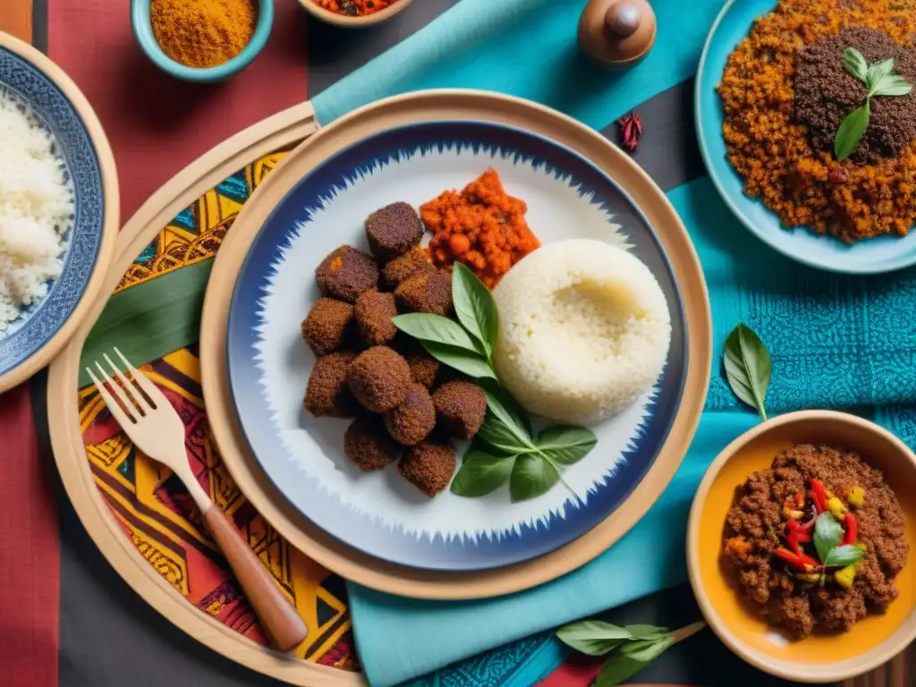 Exquisita mesa africana con platos tradicionales y decoración vibrante Una mesa bellamente puesta con Alimentos básicos africanos culturales y decoración vibrante