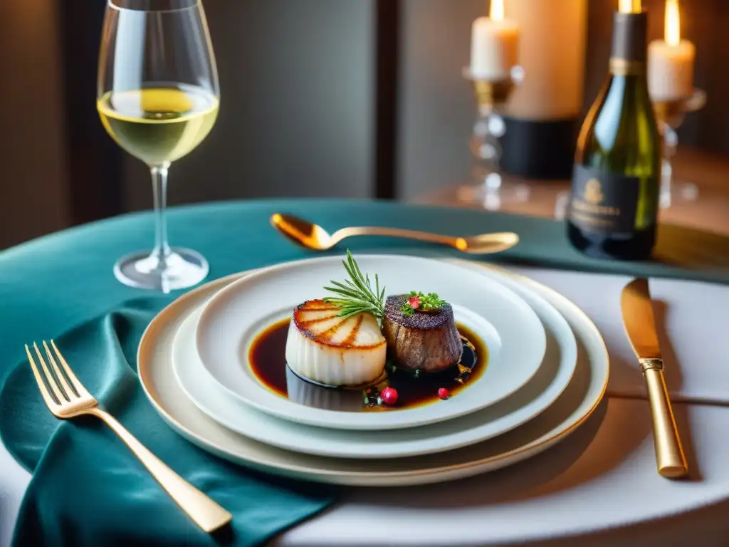 Una mesa elegantemente puesta con copas de vino de cristal, vajilla fina, cubiertos de plata y un centro floral sofisticado