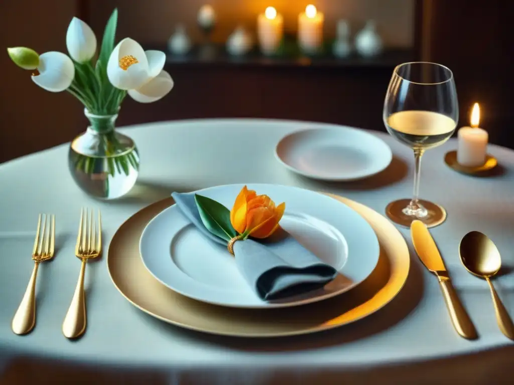 Mesa de lujo con fina vajilla y cristalería Una mesa elegantemente puesta con fina vajilla y cristalería, bañada en cálida luz de velas