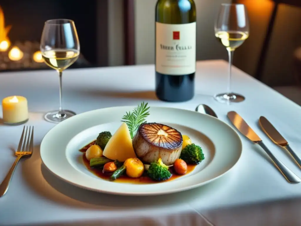 Una mesa elegantemente puesta con maridajes de vino y comida exquisitos en una atmósfera lujosa