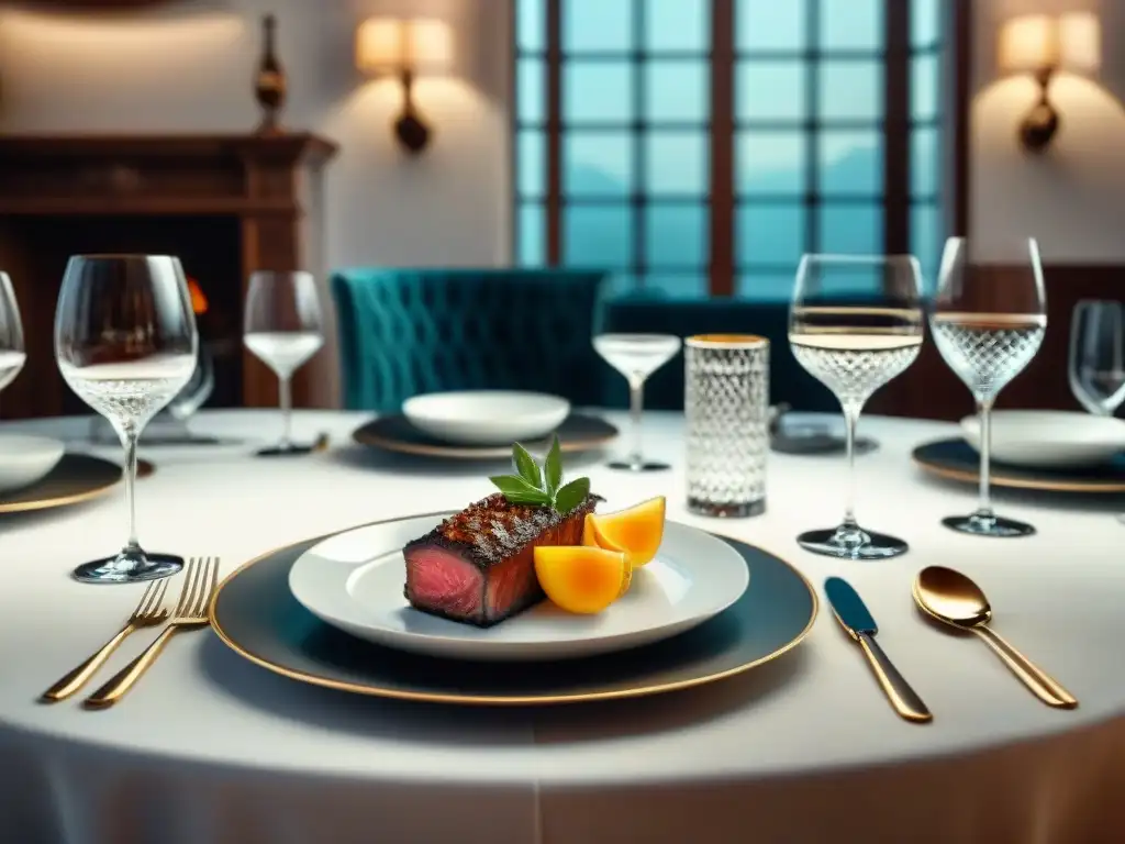 Una mesa elegantemente puesta en un restaurante, con cristalería fina y exquisitos platos, iluminada suavemente