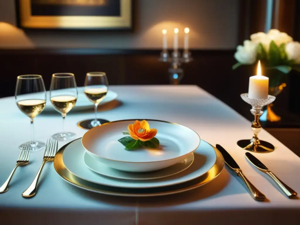 Una mesa elegantemente puesta en un restaurante de alta gastronomía, con vajilla exquisita y cristalería, bañada en cálida luz de velas