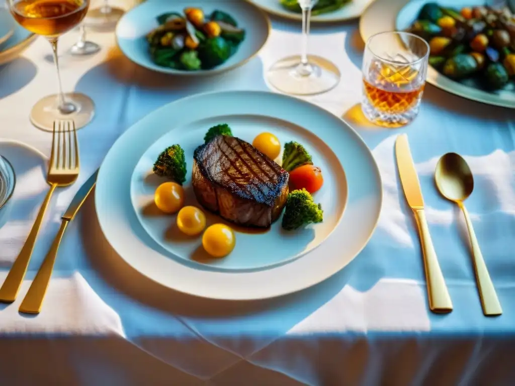 Una mesa elegantemente puesta con whisky dorado y una exquisita comida gourmet