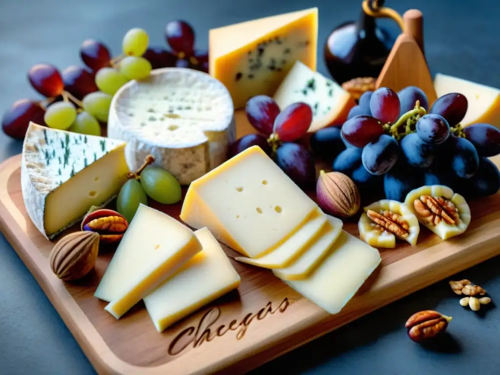 Una mesa de quesos europeos para cocinar, con variedad de texturas y colores, frutas, frutos secos y galletas artesanales