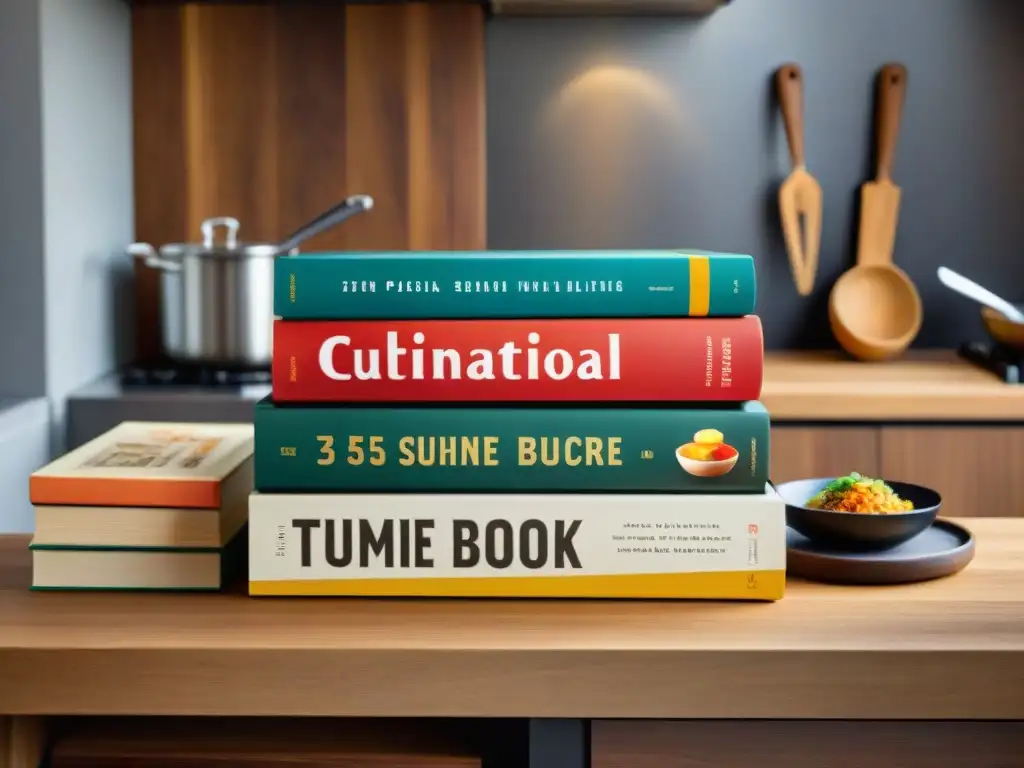 Una mesa repleta de libros de cocina chefs renombrados de diferentes países, rodeados de utensilios y bañados por luz natural cálida