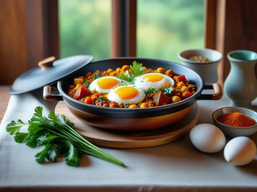 Una mesa rústica con un auténtico tagine de Shakshuka casera rodeado de especias coloridas, bañado en cálida luz natural