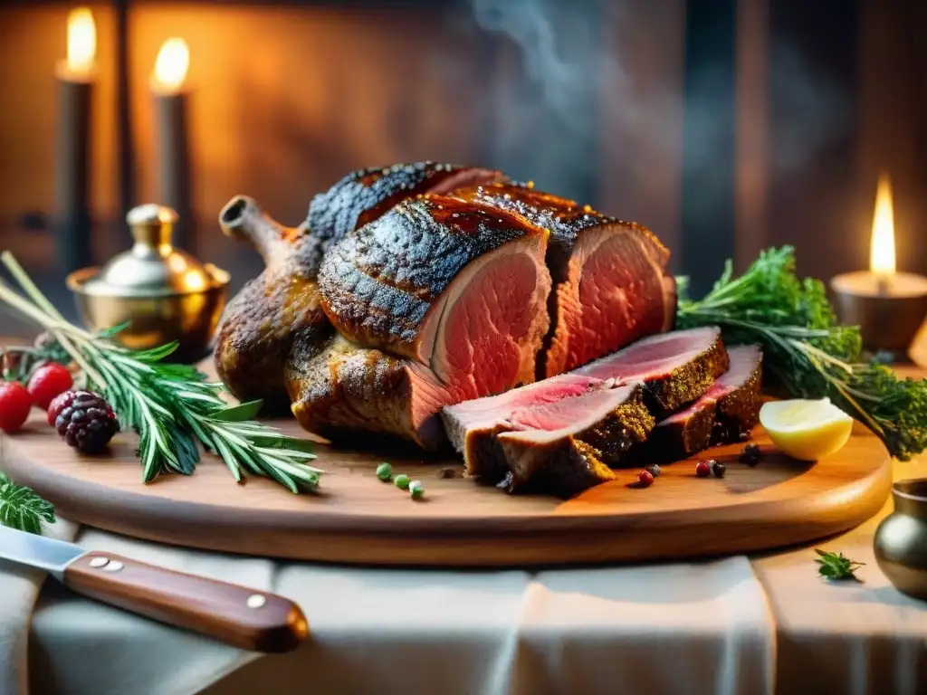 Una mesa rústica con carnes de caza sabores salvajes, hierbas frescas y utensilios, iluminación cálida y detallada