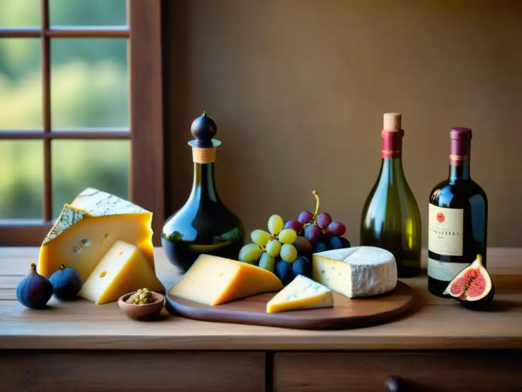 Una mesa rústica elegantemente decorada con quesos, uvas y vinos vintage