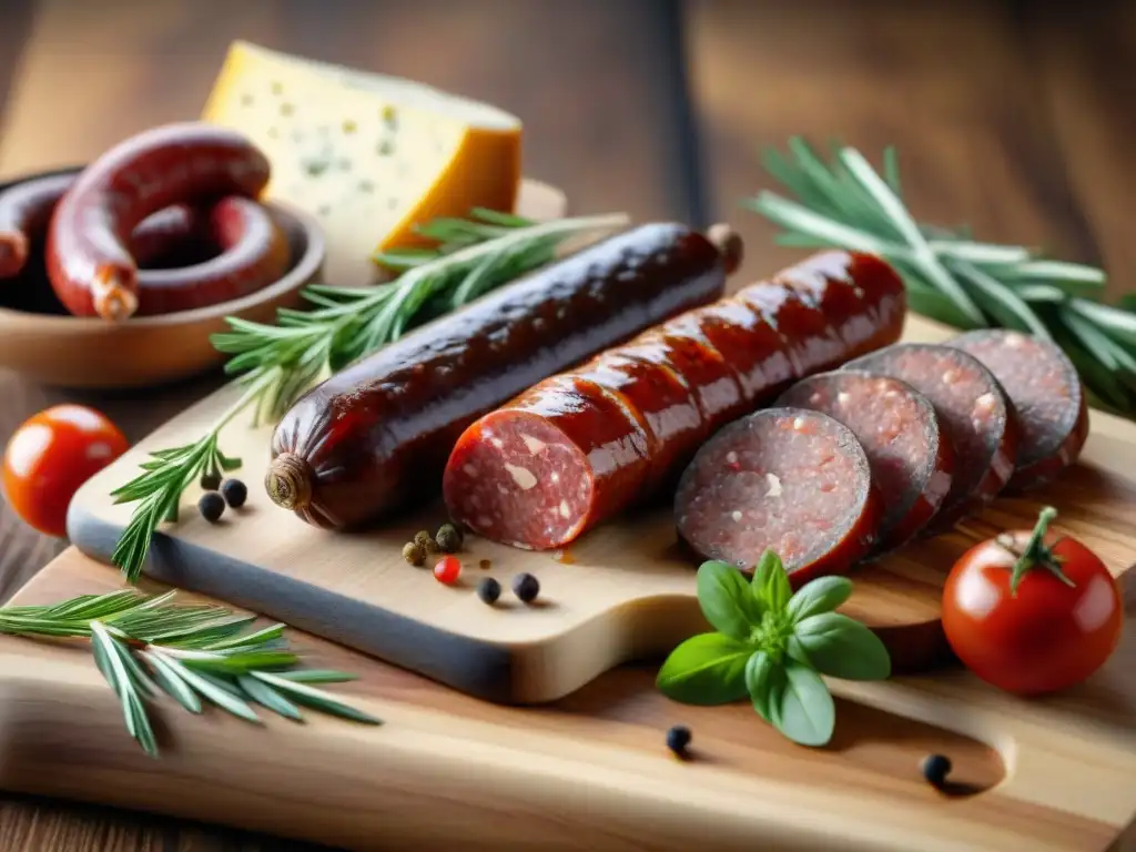 Una mesa rústica con embutidos artesanales gourmet, chorizo, salami y pepperoni, adornados con hierbas frescas y queso