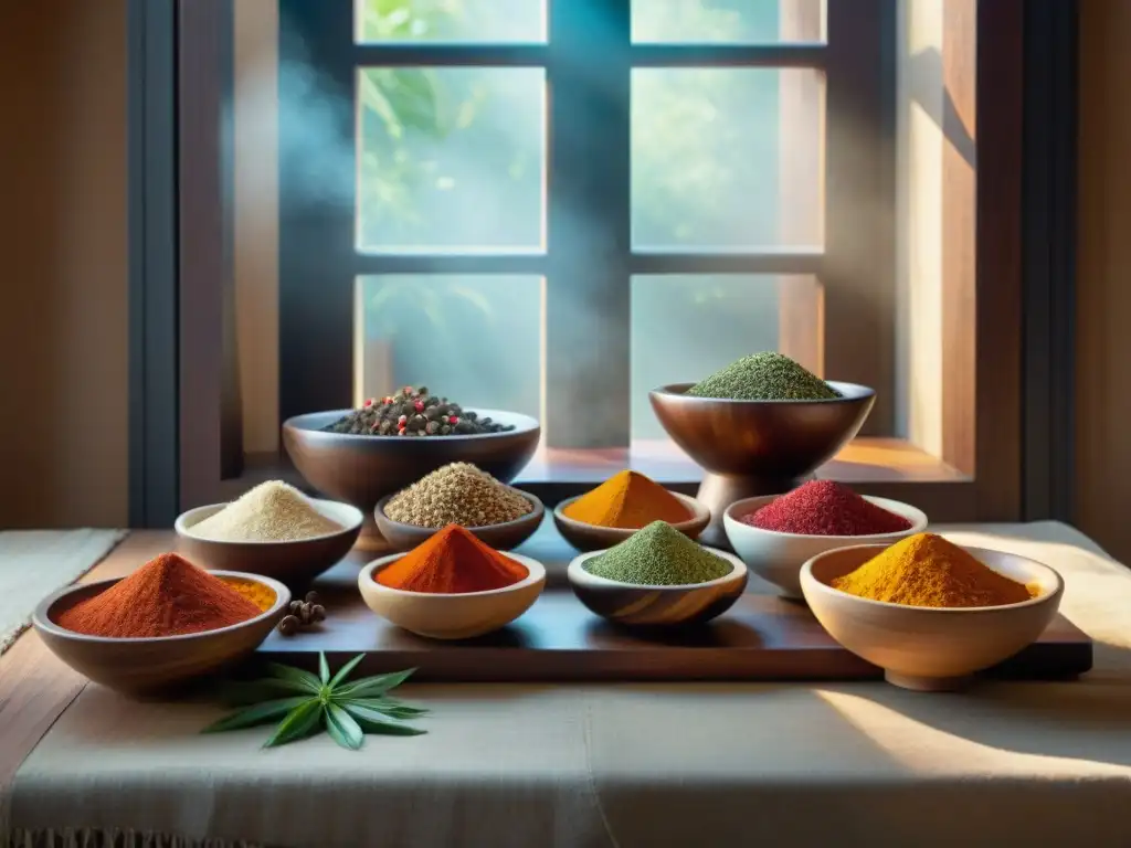 Una mesa rústica con especias coloridas en cuencos intrincados, bañada por la luz del sol