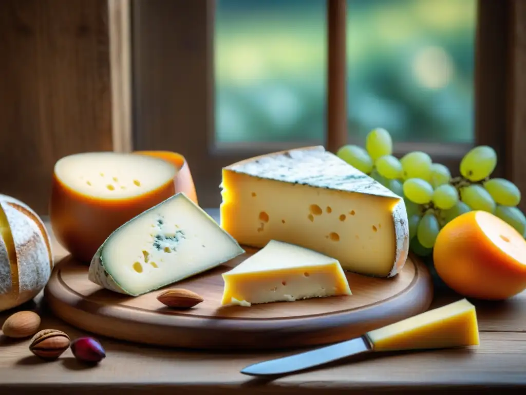 Una mesa rústica con una exquisita variedad de quesos europeos de temporada, ¡una tentación para los amantes del queso!