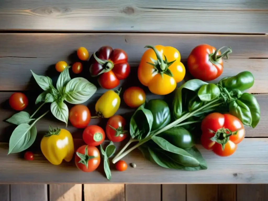 Una mesa rústica con ingredientes frescos locales como tomates, verduras, pimientos y hierbas, evocando frescura