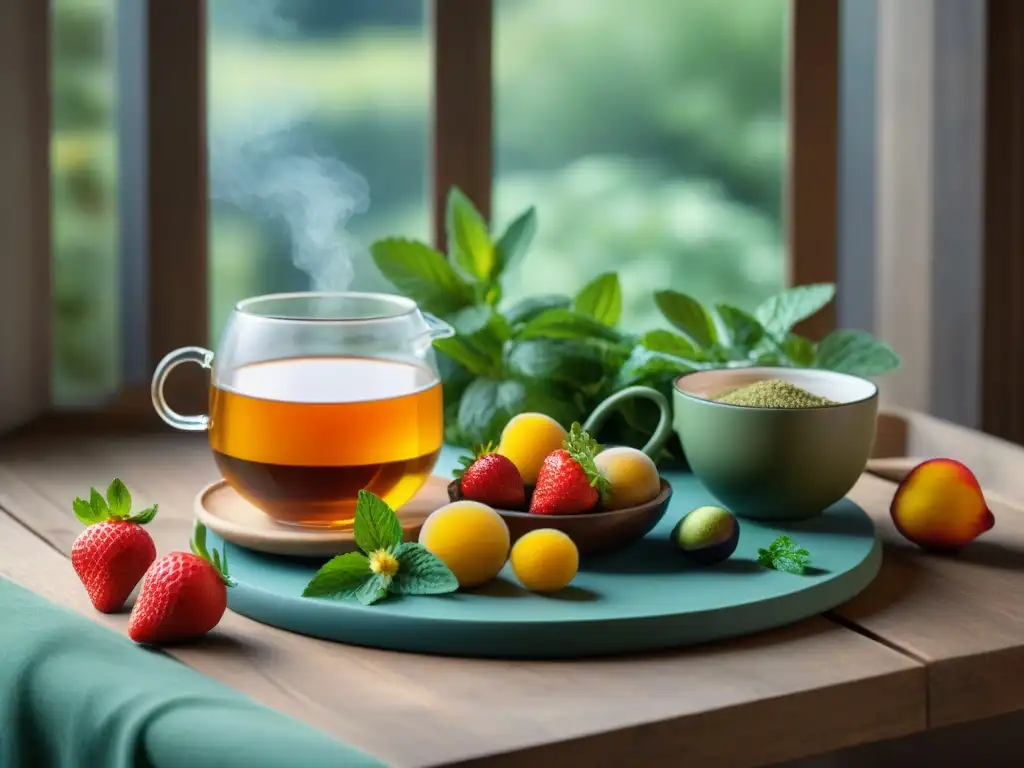 Una mesa rústica llena de frutas vibrantes y hierbas frescas junto a tazas de té