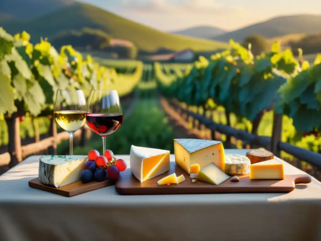 Una mesa rústica llena de quesos artesanales y copas de vino, en un escenario de viñedo al atardecer