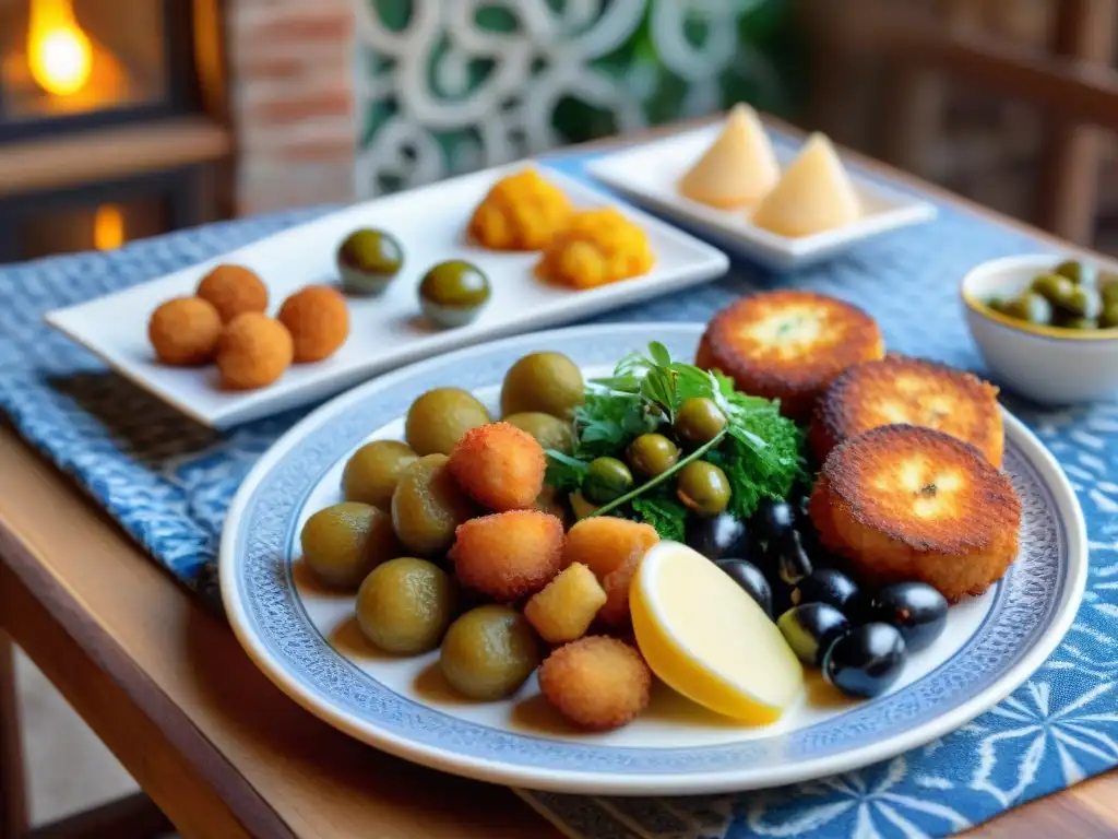 Una mesa rústica llena de tapas portuguesas tradicionales con vinos, en una taberna acogedora