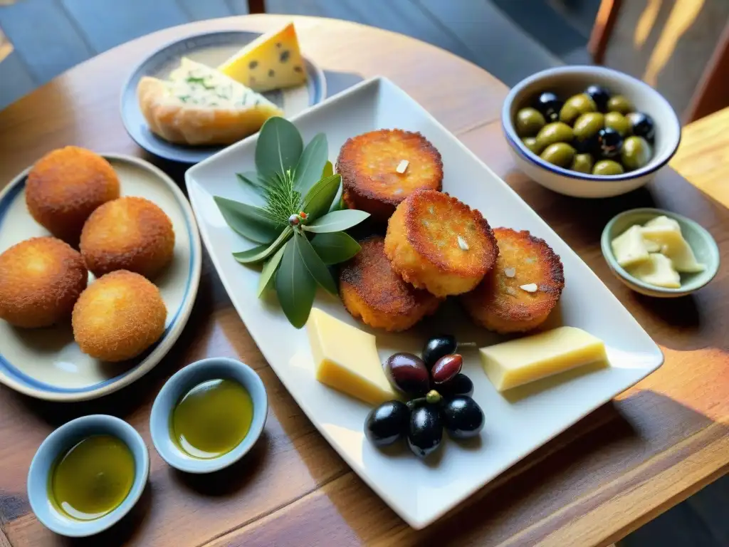 Una mesa rústica llena de tapas portuguesas tradicionales, bañada por luz cálida