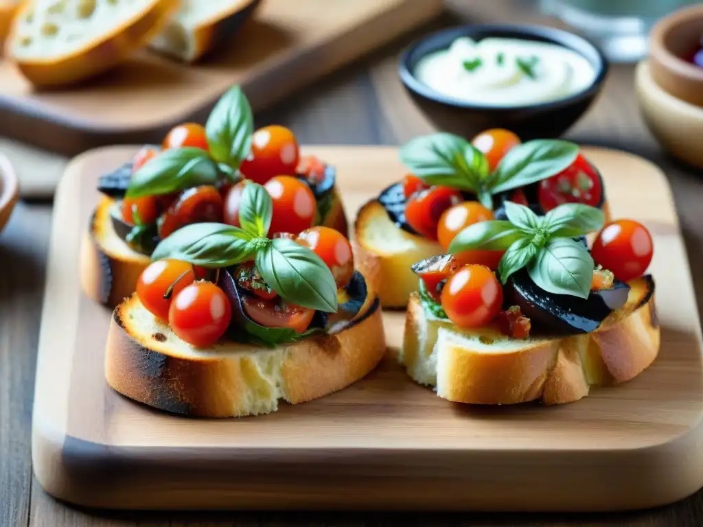 Deliciosas bruschettas artesanales en mesa rústica Una mesa rústica de madera con bruschettas italianas gourmet receta fácil, bañadas en colores vibrantes y sabores deliciosos