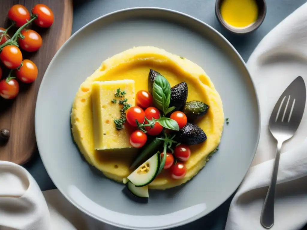 Una mesa rústica de madera con mantel blanco, sirve una deliciosa polenta gourmet mediterránea