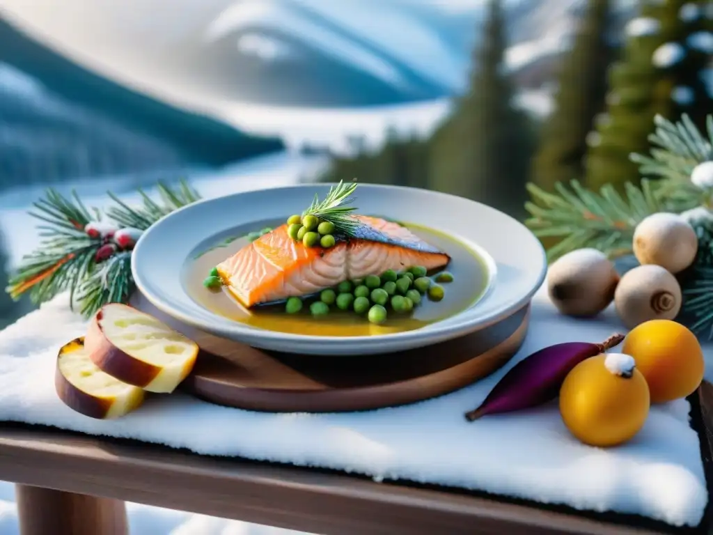 Una mesa rústica de madera en un paisaje nevado de Quebec, con exquisitos platillos de invierno gourmet