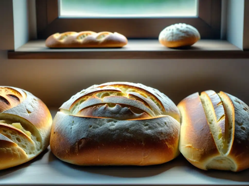 Una mesa rústica de madera con panes artesanales variados, destacando la fermentación lenta en gastronomía