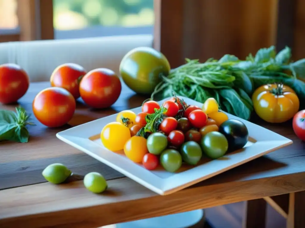 Una mesa rústica de madera con una variedad de frutas, verduras y mariscos frescos, iluminados por el sol