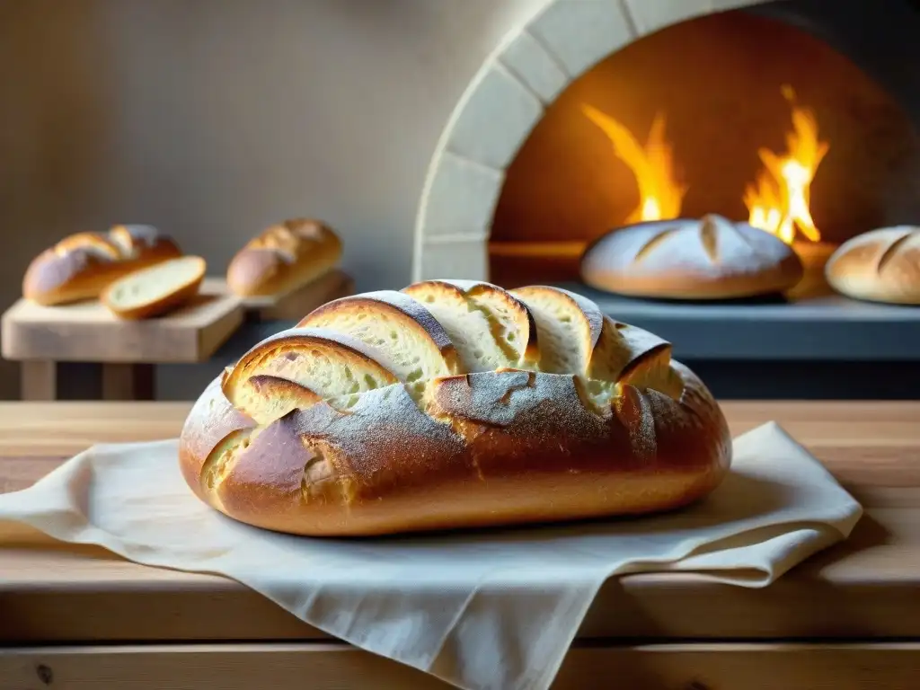 Una mesa rústica en una panadería soleada, llena de panes artesanales recién horneados