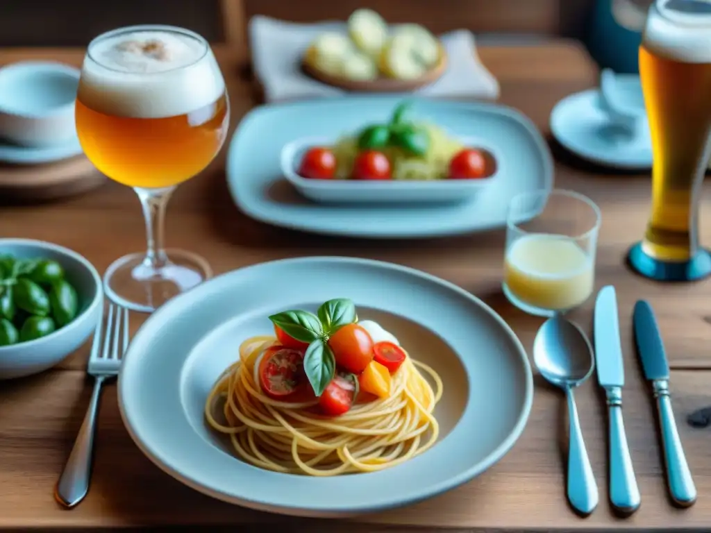 Una mesa rústica con platillos italianos y cervezas artesanales para un maridaje perfecto