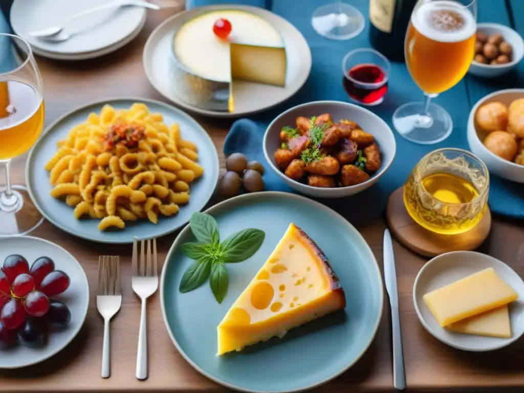 Una mesa rústica con platos y cervezas típicas europeas, creando un delicioso maridaje de comidas y bebidas regionales