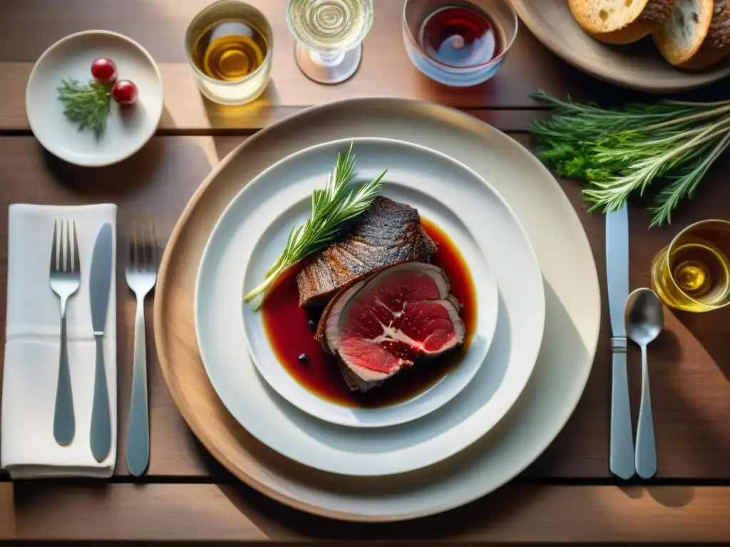 Una mesa rústica elegantemente preparada con carnes de caza y sabores salvajes, bañada en cálida luz natural