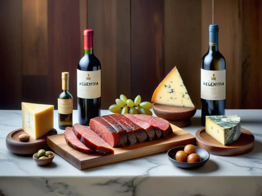 Mesa rústica con productos gourmet argentinos: carnes, quesos y vinos, en una ambientación cálida y acogedora