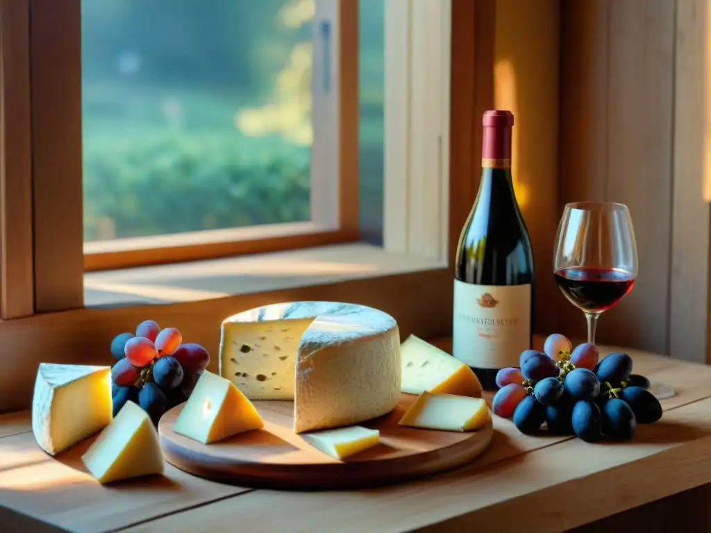 Una mesa rústica con quesos y vinos artesanales, bañados por luz solar