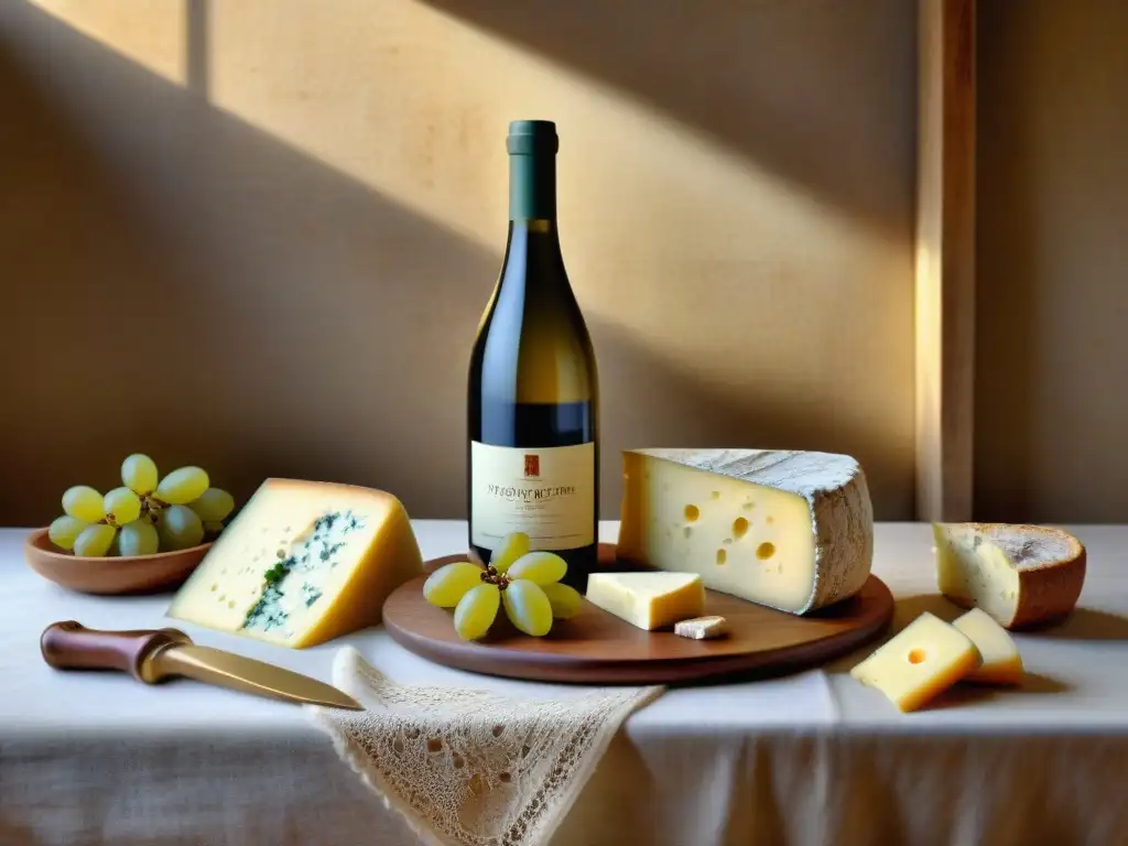 Una mesa rústica con quesos y vinos antiguos, en un ambiente cálido y tradicional