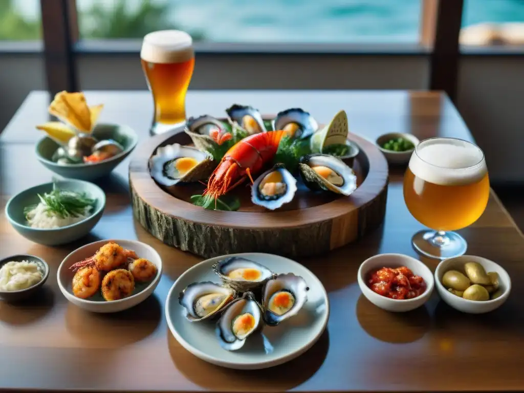 Una mesa rústica repleta de mariscos frescos y cervezas artesanales, maridaje perfecto en un ambiente cálido y acogedor