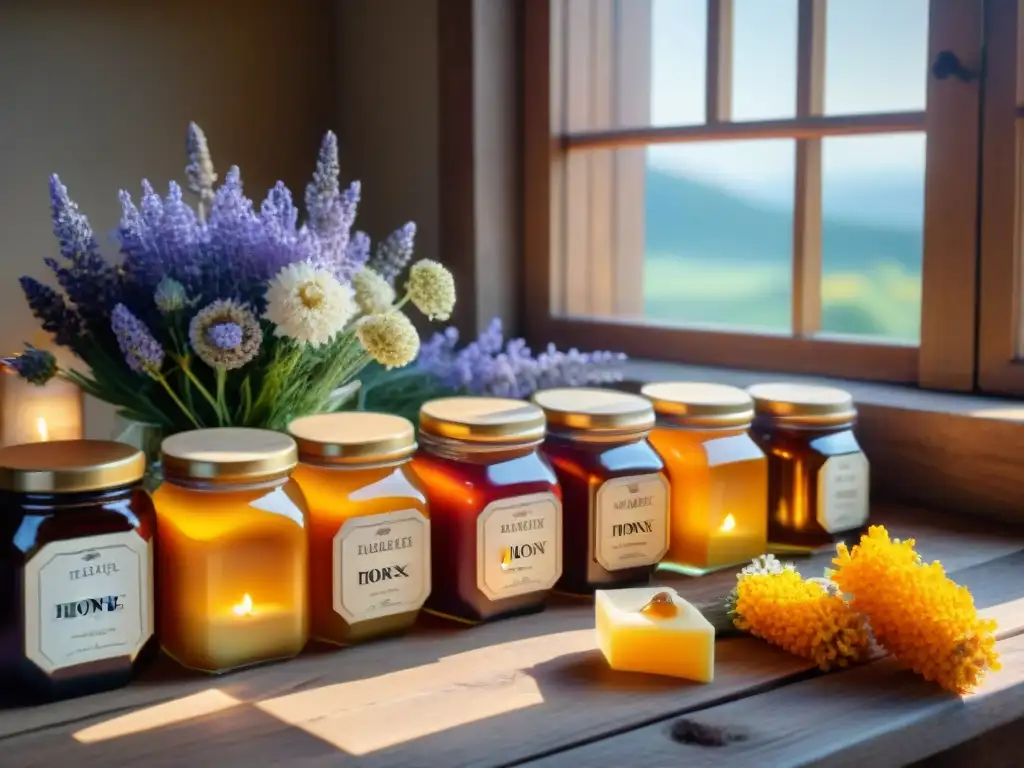 Una mesa rústica con tarros de miel pura artesanal gourmet apicultores en tonos dorados y ámbar, etiquetados con flores