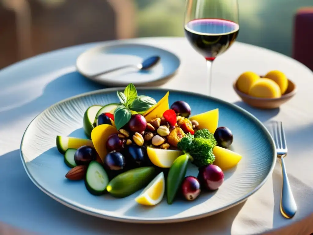 Una mesa mediterránea rústica con tostados de vegetales y frutos, bañada en cálida luz natural