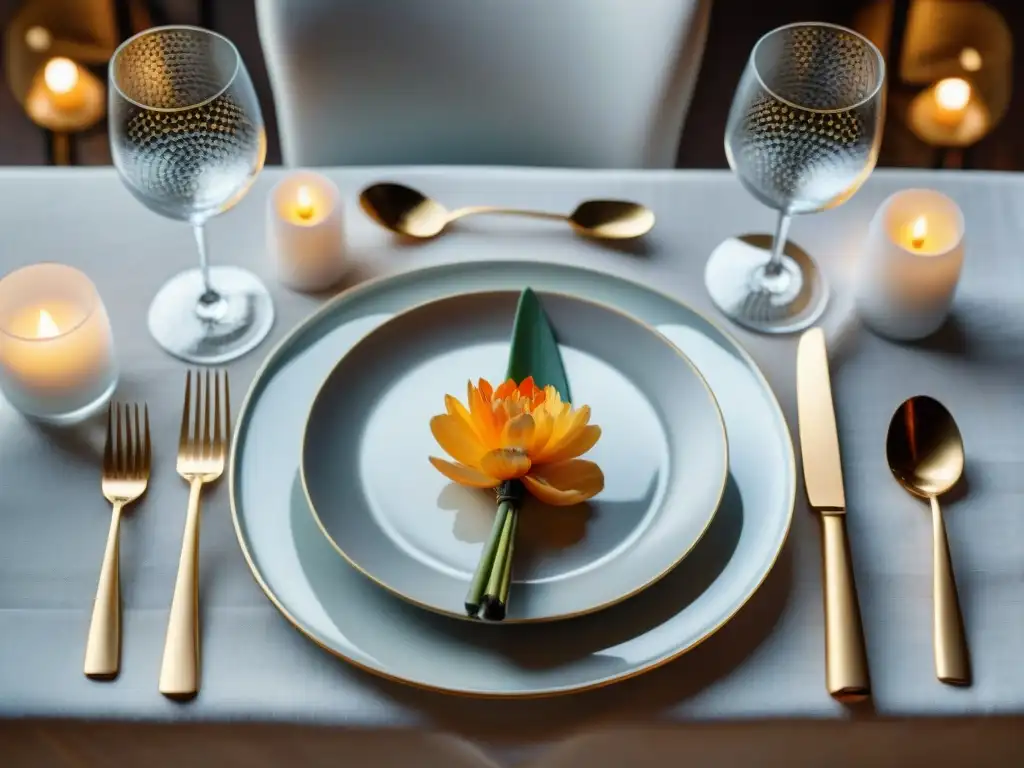 Una mesa sofisticada con cubiertos de plata y acero inoxidable, luces de velas y arreglos florales elegantes