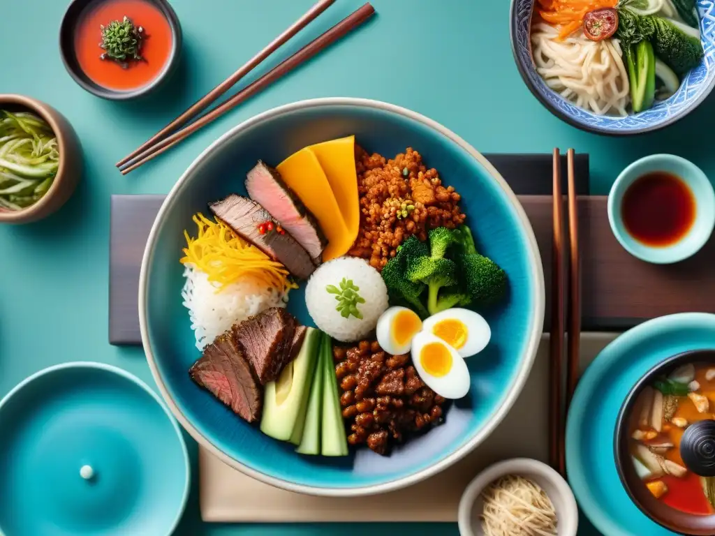 Una mesa tradicional coreana con sabores audaces y coloridos platos como kimchi, bulgogi y bibimbap, en un entorno sereno con cerezos en flor