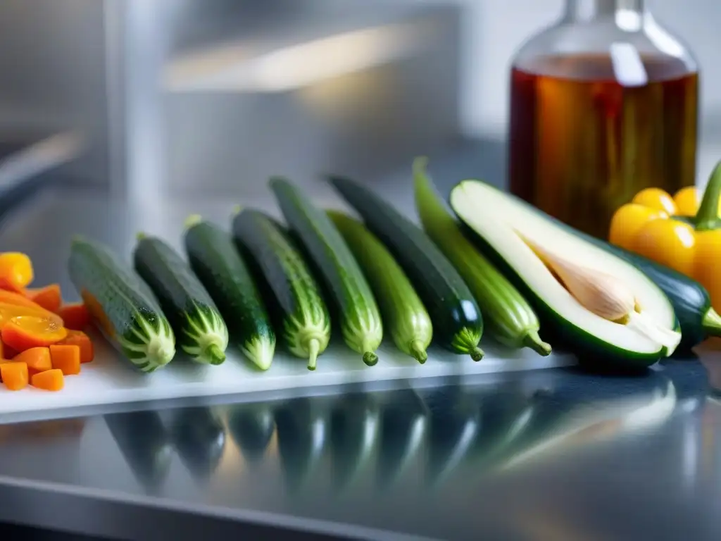 Preparación meticulosa de conservar encurtidos gourmet en casa con coloridas verduras en una cocina bien iluminada