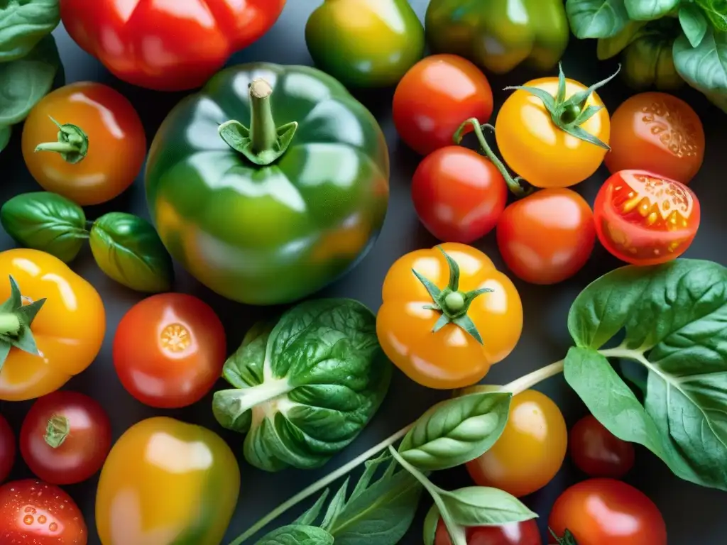 Una mezcla vibrante de alimentos orgánicos recién cosechados: tomates, verduras, fresas y pimientos, todo brillando bajo el sol