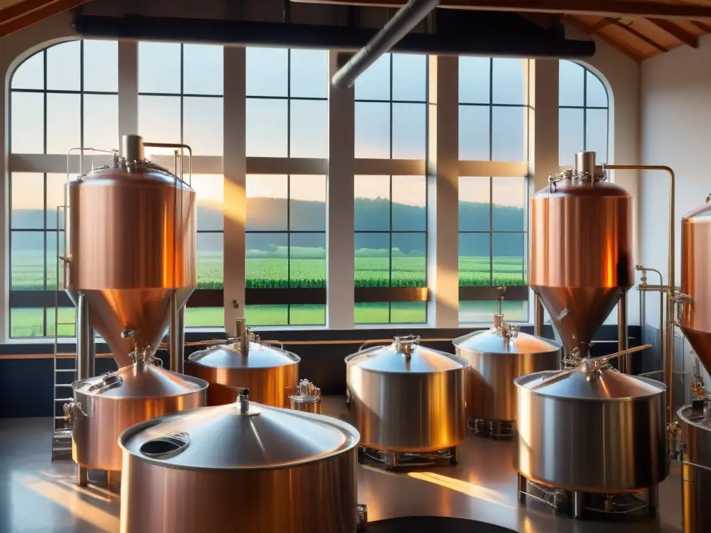 Un microcervecería al atardecer, con maquinaria reluciente y cálida luz dorada iluminando el ambiente