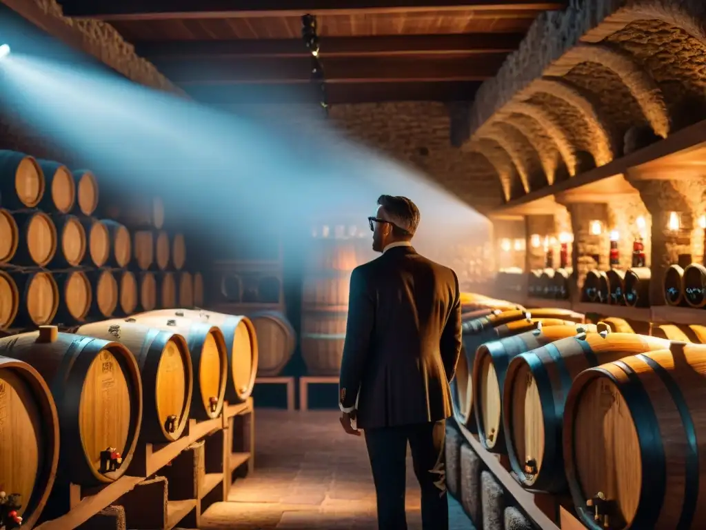 Un misterioso sótano de vinos con barricas de roble, botellas polvorientas y una persona disfrutando la colección